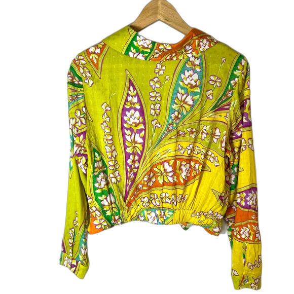 Haute Hippie Green Orange Orchid Floral Print Collared LS Cropped Wrap Top Sz S - Picture 6 of 16